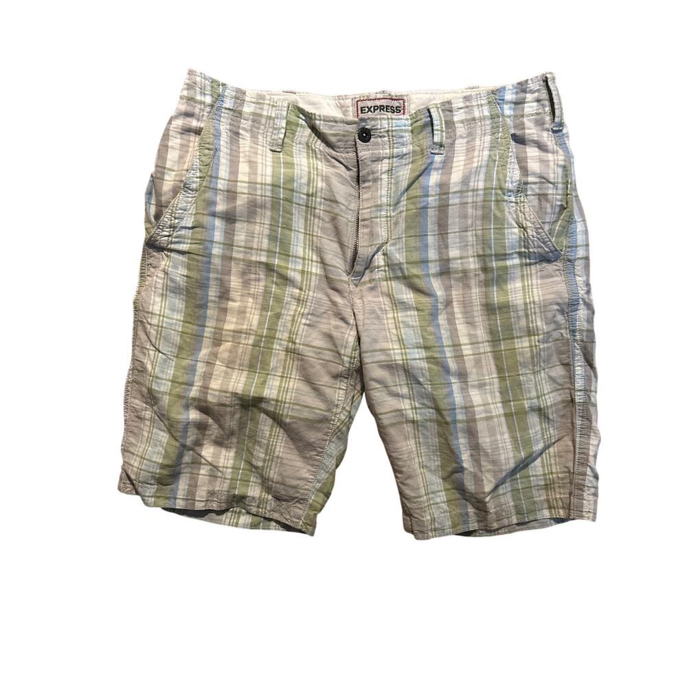 Vtg Express Men's Y2k plaid  linen cotton shorts 34 preppy golf beach